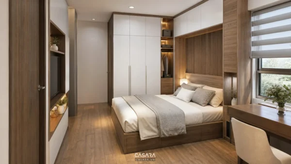 Phòng ngủ hiện đại với tủ liền giường, hệ tủ trắng và bàn làm việc cạnh cửa sổ