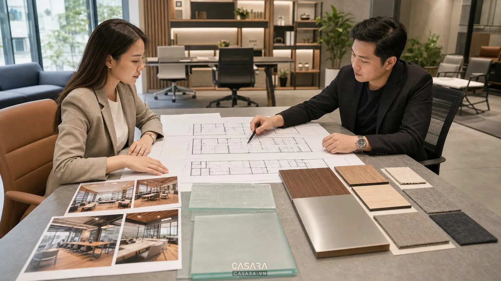 Tư vấn thiết kế văn phòng với bản vẽ mặt bằng, mẫu vật liệu và ảnh hiện trạng