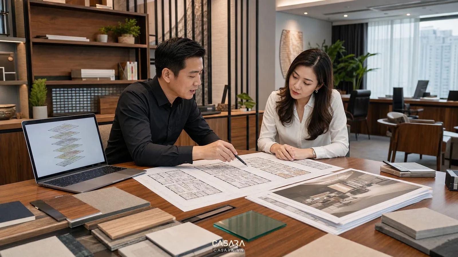 tư vấn thiết kế văn phòng 7 tầng với bản vẽ mặt bằng và mẫu vật liệu