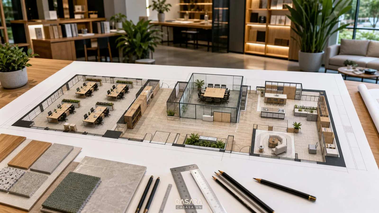 layout thiết kế văn phòng với tuyến di chuyển cụm bàn làm việc phòng họp kính pantry và khu tiếp khách
