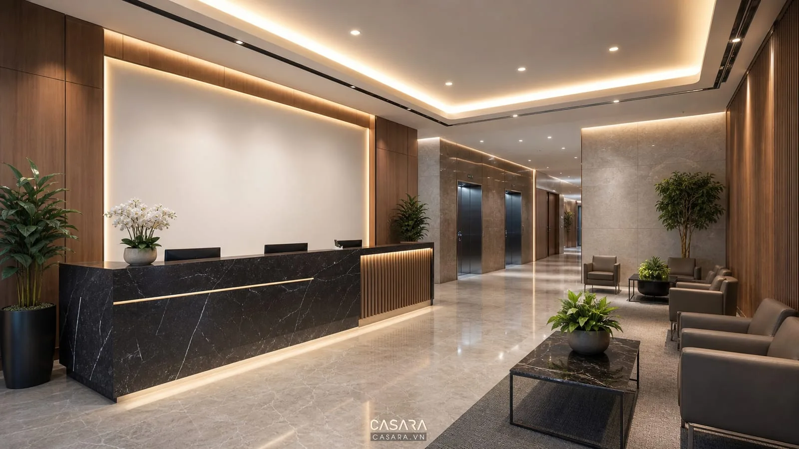 thiết kế sảnh văn phòng với quầy lễ tân và logo thương hiệu