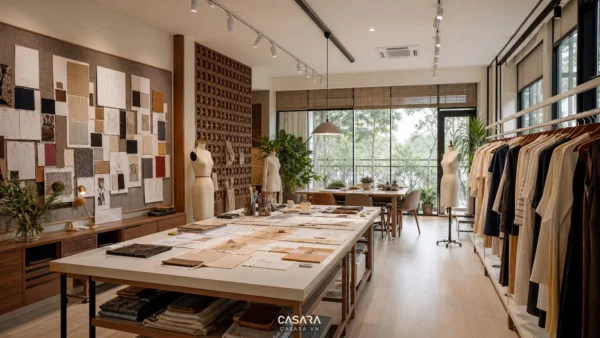Văn phòng thiết kế quần áo hiện đại với bàn phác thảo, giá treo quần áo mẫu và moodboard vải