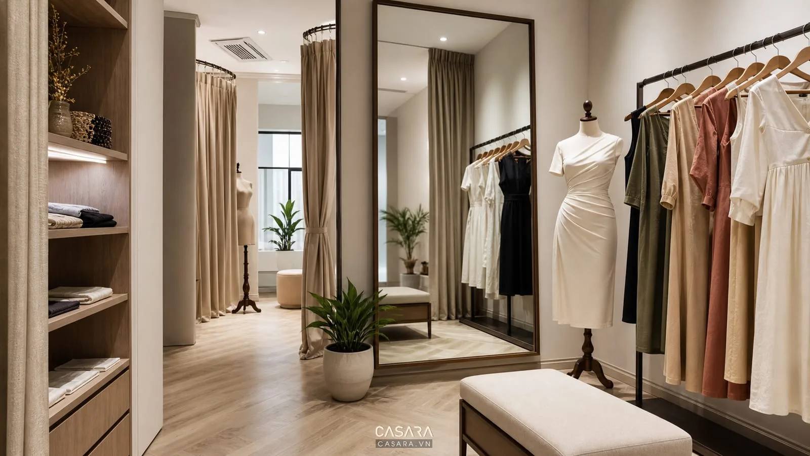 Phòng fitting văn phòng thiết kế quần áo với gương lớn, rèm thử đồ và quần áo mẫu