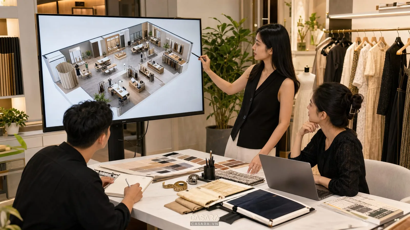 Đội ngũ trao đổi bản vẽ 3D văn phòng thiết kế quần áo với mẫu vải và giá treo quần áo