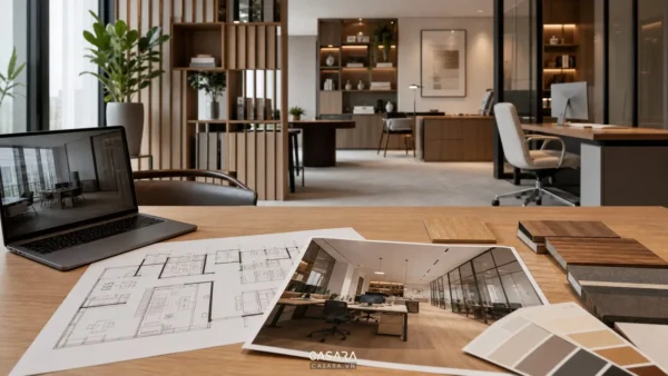 Bản vẽ thiết kế văn phòng với mặt bằng, phối cảnh và mẫu vật liệu nội thất văn phòng