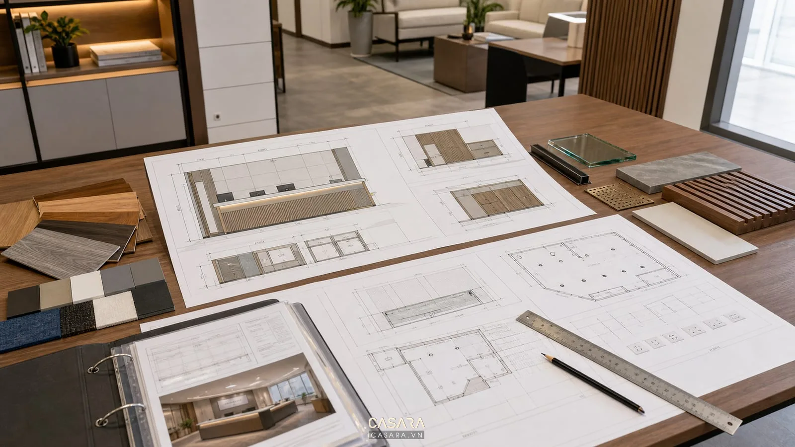 Hồ sơ kỹ thuật thi công nội thất văn phòng với chi tiết quầy lễ tân và hệ đèn trần