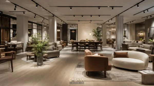 Không gian showroom hiện đại với lối đi thoáng, khu trưng bày nội thất và bàn tư vấn được bố trí hài hòa.
