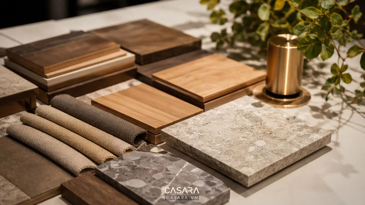 Chi tiết vật liệu gỗ, vải và đá trong showroom được chiếu sáng tinh tế để thể hiện màu sắc và bề mặt.