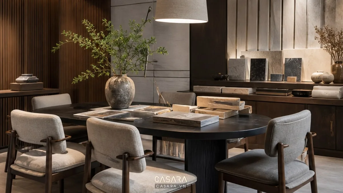 Bàn tư vấn trong showroom nội thất với mẫu vật liệu, ghế ngồi thoải mái và kệ trưng bày phía sau.