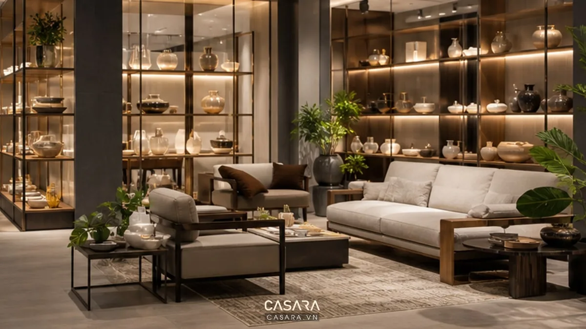 Cụm trưng bày sản phẩm gia dụng và nội thất trong showroom sang trọng với kệ mở, bàn đảo và ánh sáng ấm.