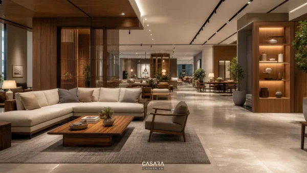 Xu hướng thiết kế showroom nội thất hiện đại với sofa, kệ trưng bày, lối đi rộng và ánh sáng ấm