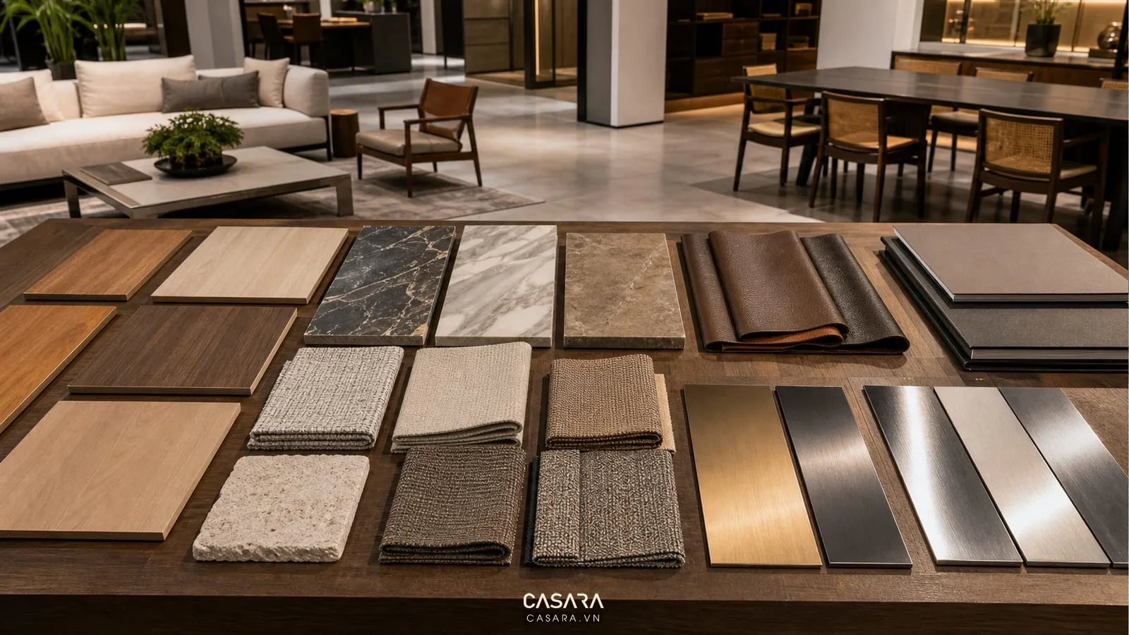 khu vật liệu showroom BMT có sàn gỗ tường sơn trung tính mẫu rèm bảng màu sơn và đá sáng