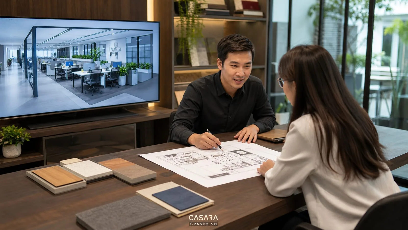 thiết kế văn phòng 3d với bản vẽ mặt bằng và phối cảnh nội thất