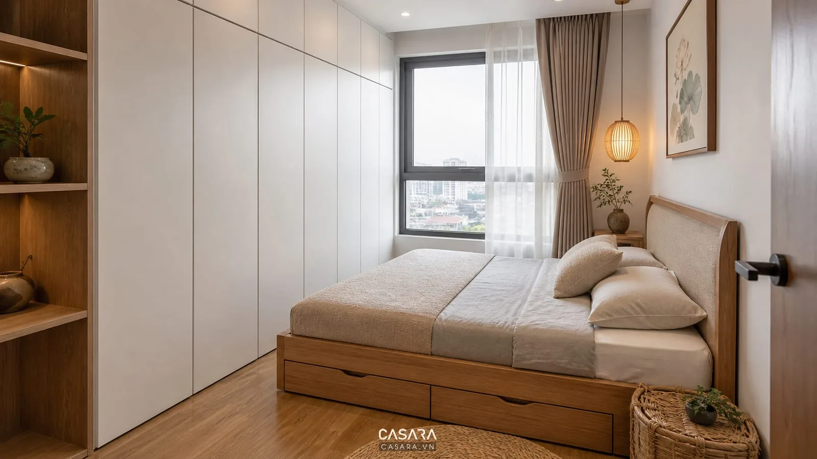 thiết kế phòng 9m2 với tủ áo sát trần và giường có lưu trữ