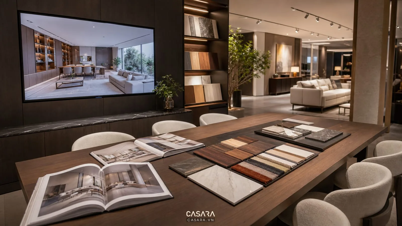 Bàn tư vấn showroom nội thất có mẫu gỗ đá vải, catalogue, màn hình phối cảnh và ánh sáng ấm.