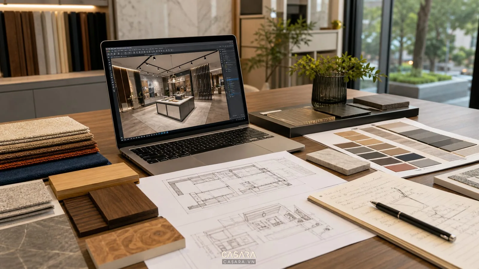 Bàn làm việc đồ án thiết kế showroom có mặt bằng, phối cảnh 3d, mẫu gỗ đá vải và bảng màu vật liệu.