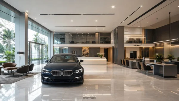 Showroom ô tô hiện đại với xe ô tô trưng bày, mặt tiền kính và khu tư vấn