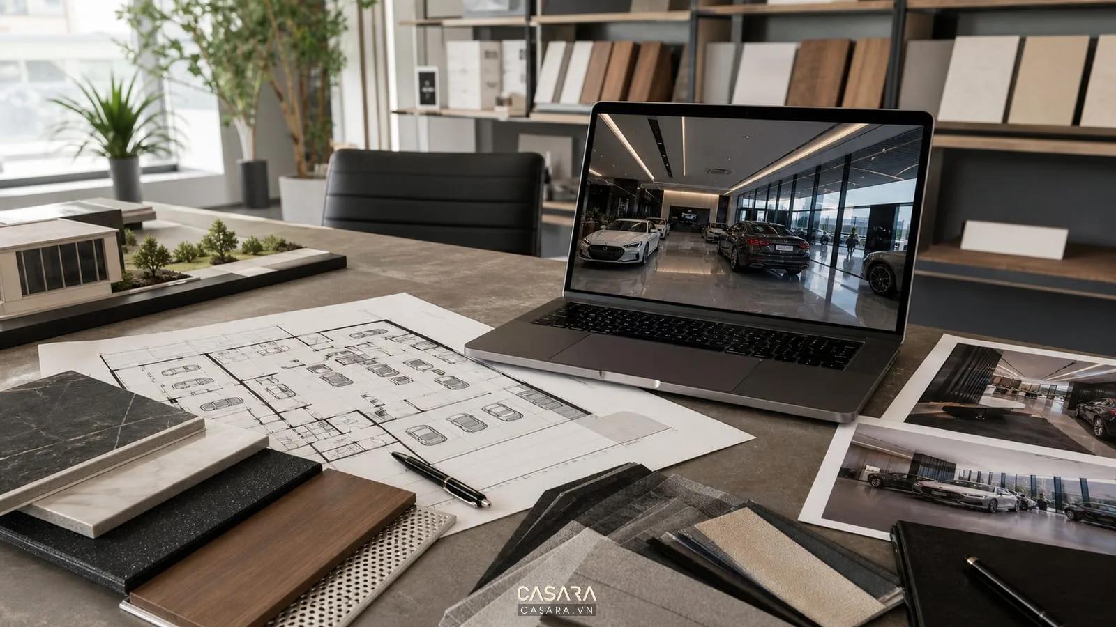 Bản vẽ thiết kế showroom ô tô với phối cảnh 3D xe ô tô và mẫu vật liệu