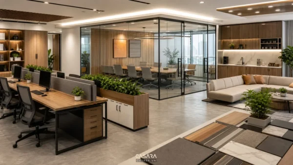 Văn phòng hiện đại có bàn làm việc cụm, phòng họp kính và khu sofa thư giãn