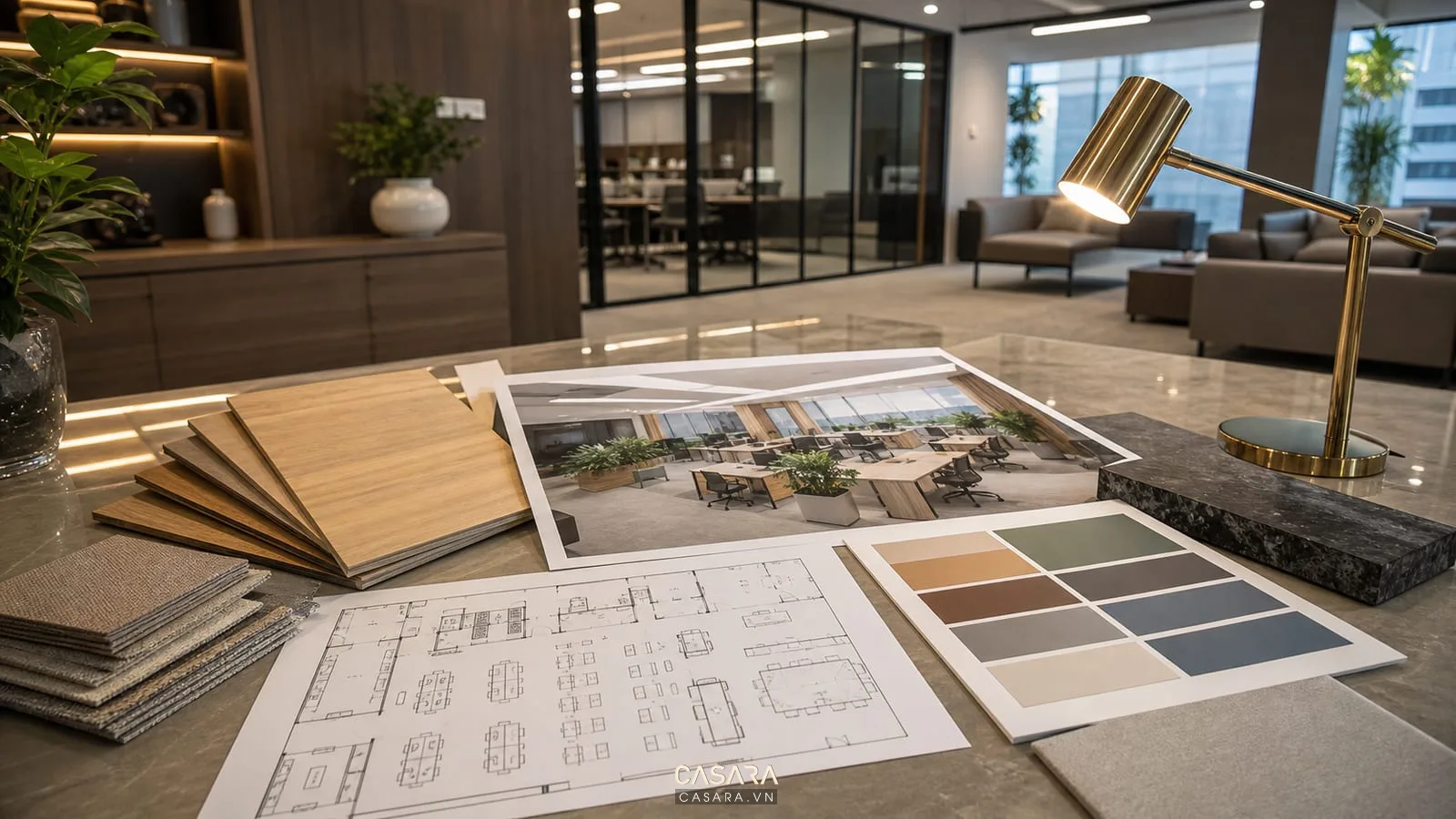 Thiết kế văn phòng hiện đại với bản vẽ mặt bằng, phối cảnh 3D, mẫu vật liệu và bảng màu