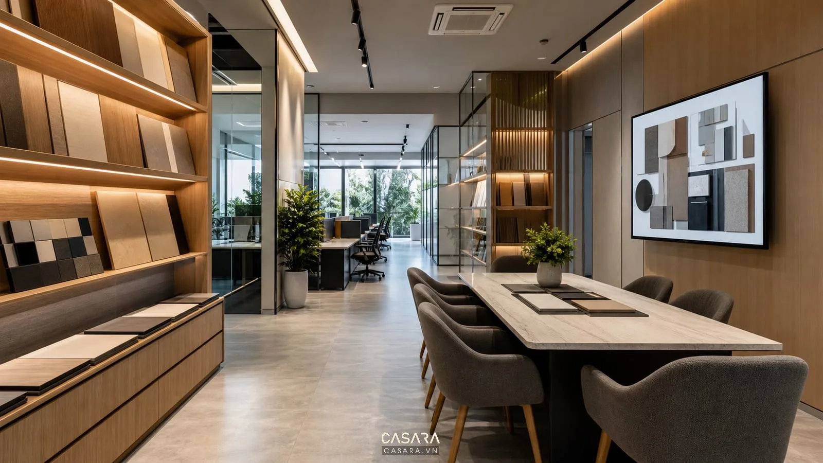 Thiết kế showroom văn phòng với kệ trưng bày, bàn tư vấn, màn hình và khu làm việc phía sau