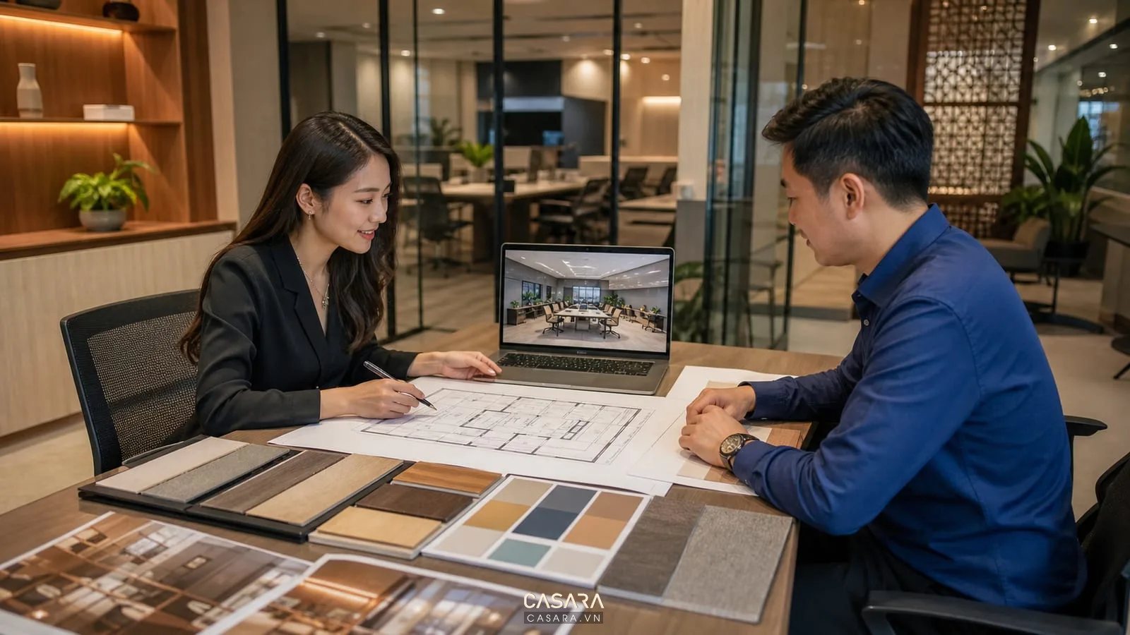 Tư vấn ý tưởng thiết kế văn phòng hiện đại với mặt bằng, phối cảnh 3D và mẫu vật liệu