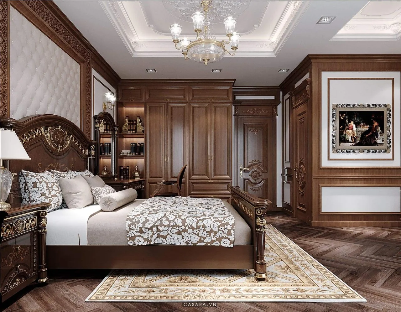 Phòng ngủ tân cổ điển với giường gỗ, tủ áo lớn và trần thạch cao trang trí