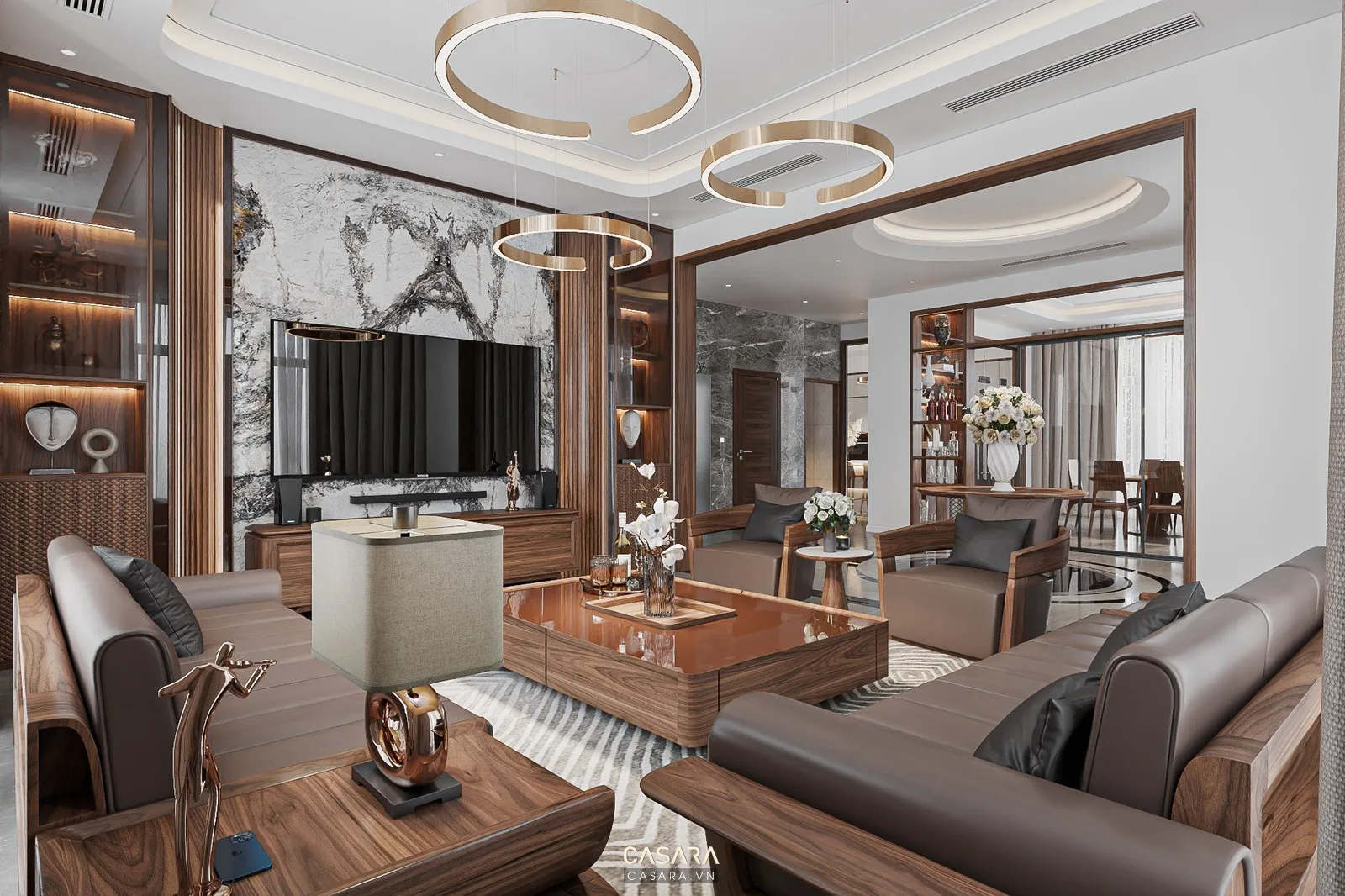Phòng khách hiện đại với sofa gỗ, bàn trà lớn, vách tivi ốp đá và đèn thả tròn