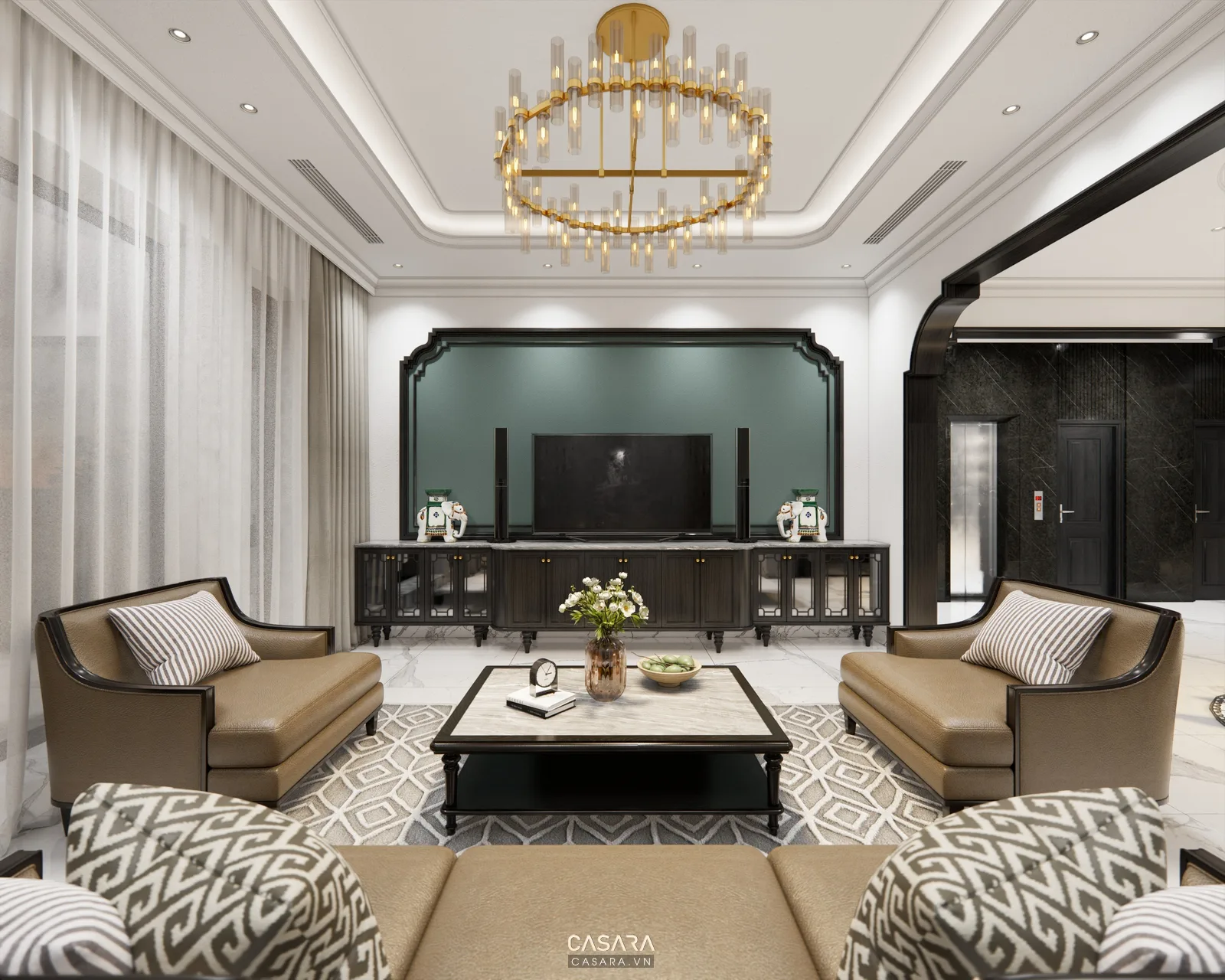 Phòng khách rộng với sofa da, bàn trà, kệ tivi tối màu và đèn chùm tròn trên trần