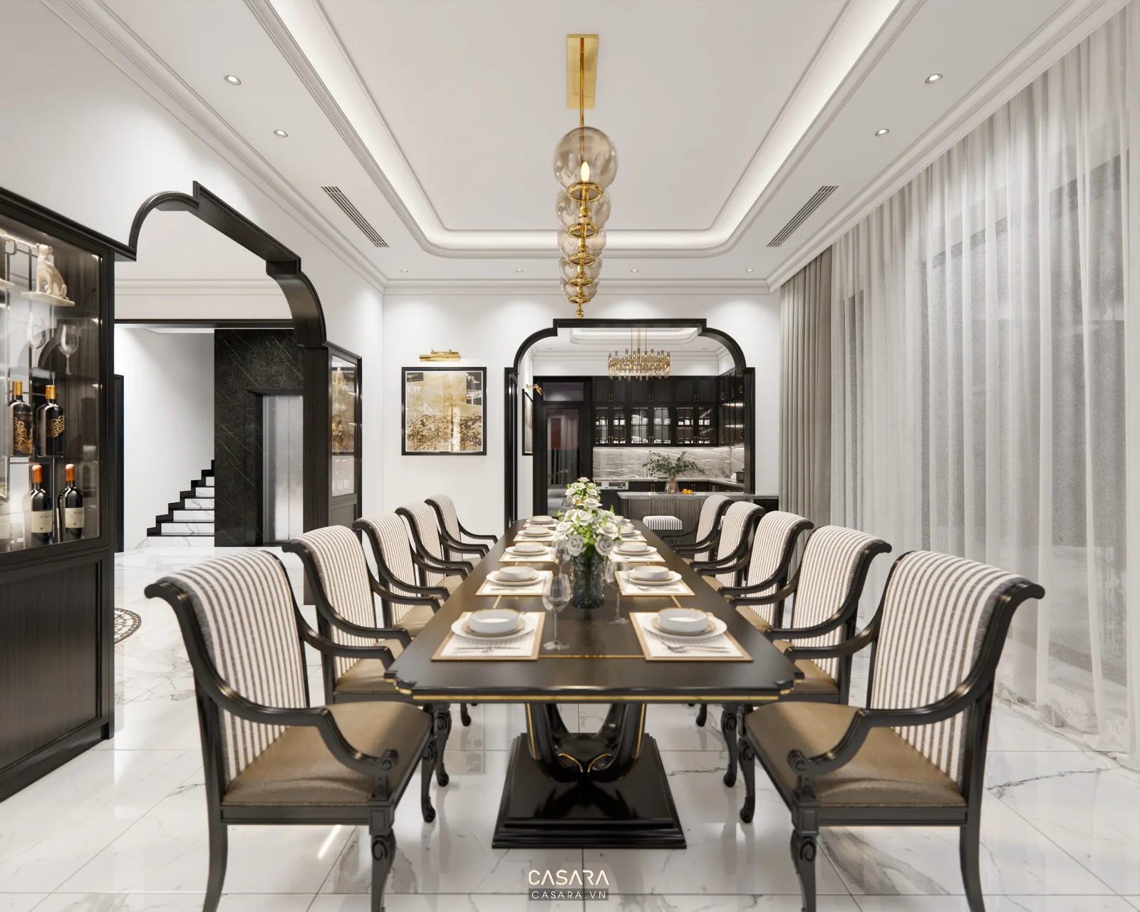 Phòng ăn rộng với bàn dài, ghế bọc sọc và hệ tủ tối màu