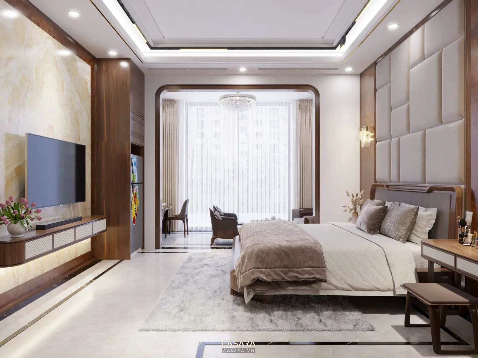 Phòng ngủ hiện đại có giường lớn, vách ốp đầu giường, kệ tivi và khu ngồi cạnh cửa sổ