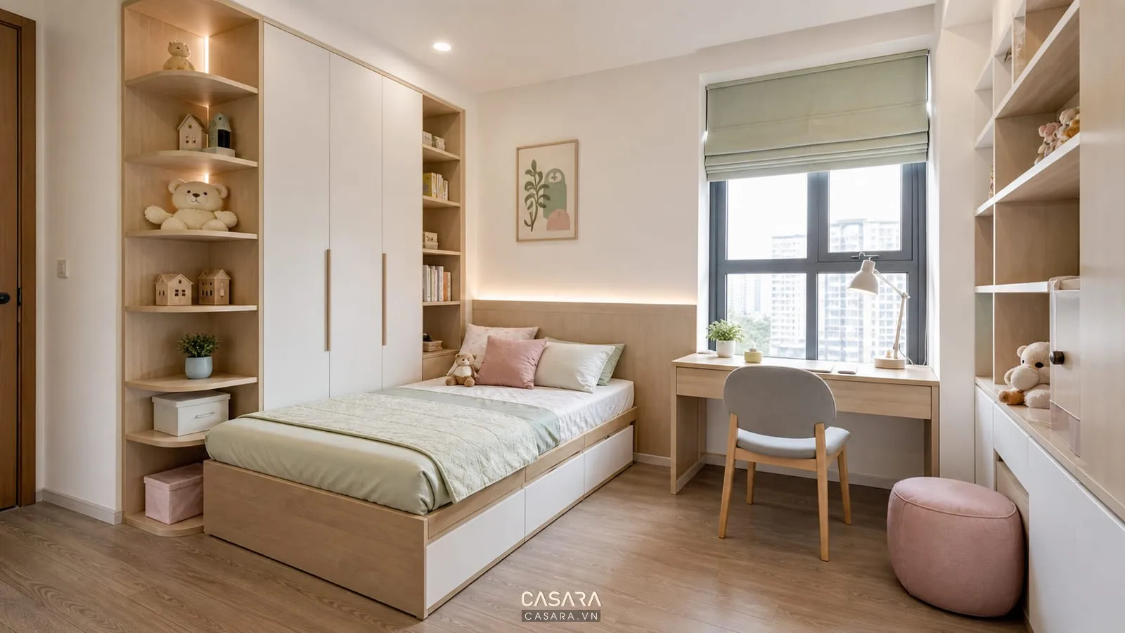 Phòng ngủ con có giường sát tường bàn học và tủ quần áo màu sáng