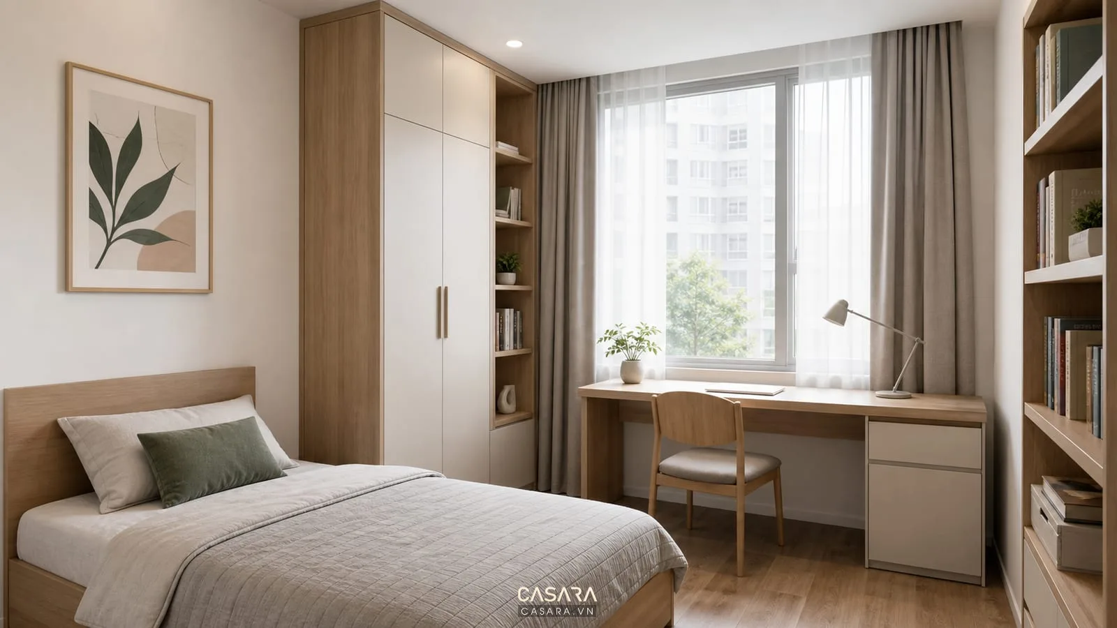 Phòng ngủ phụ chung cư 2 phòng ngủ tối giản với bàn học và tủ áo
