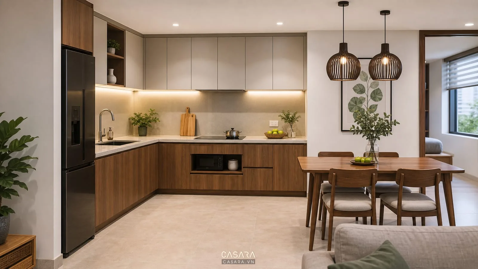 Bếp và bàn ăn chung cư 2 phòng ngủ 70m2 với tủ bếp chữ L
