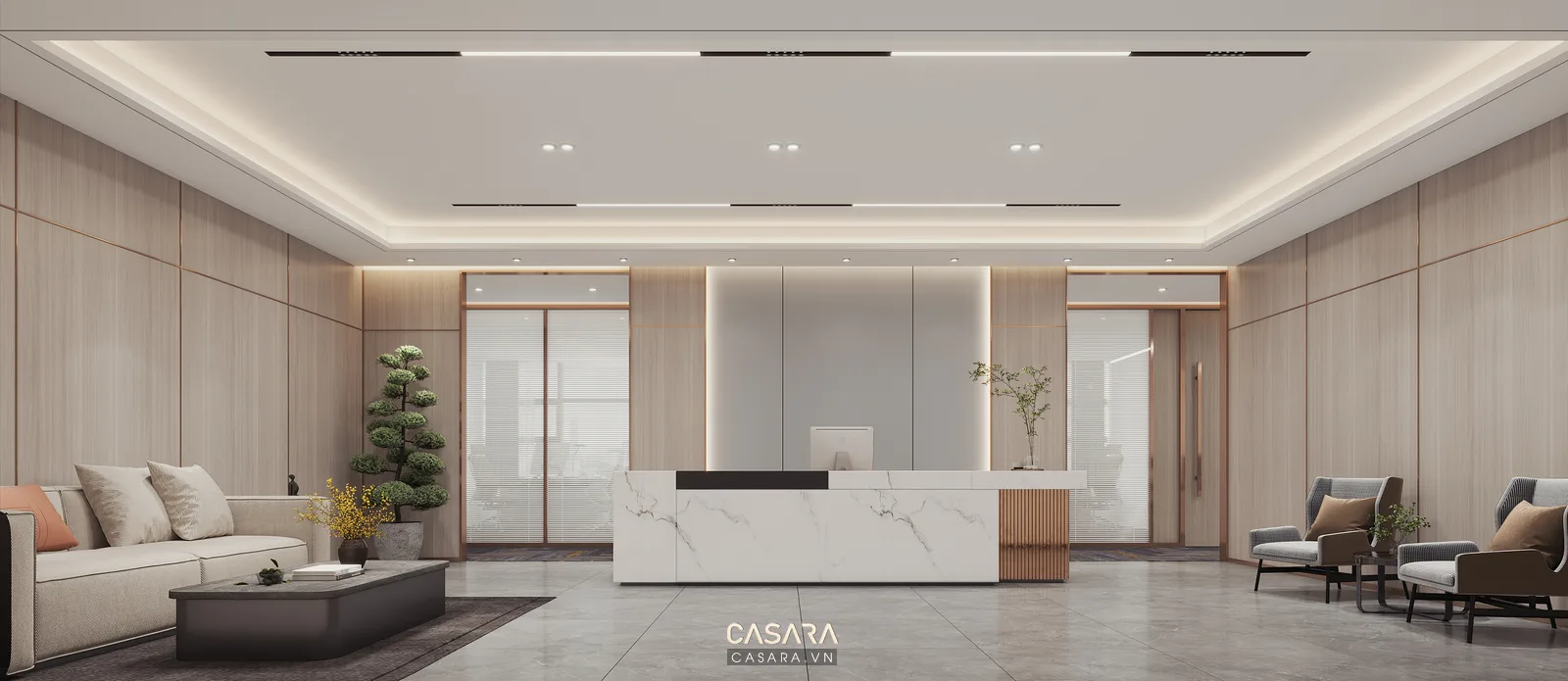 Khu lễ tân văn phòng tại Hà Nội có quầy tiếp khách tối giản, logo trên vách, ghế chờ, cây xanh, sàn gỗ sáng và lối vào phòng họp.