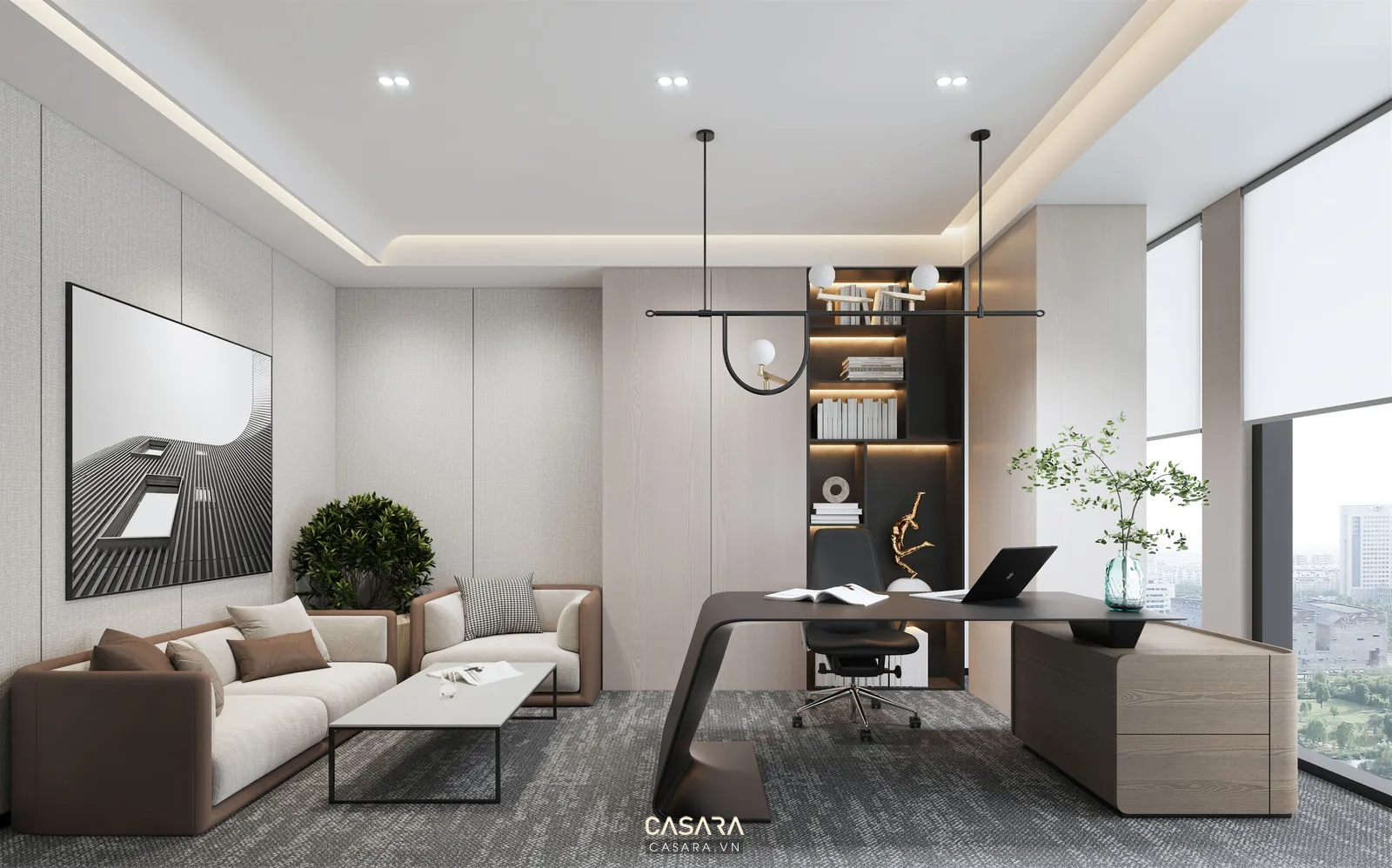 Phòng khách đẹp với vật liệu gỗ sáng sofa vải và bàn trà đá