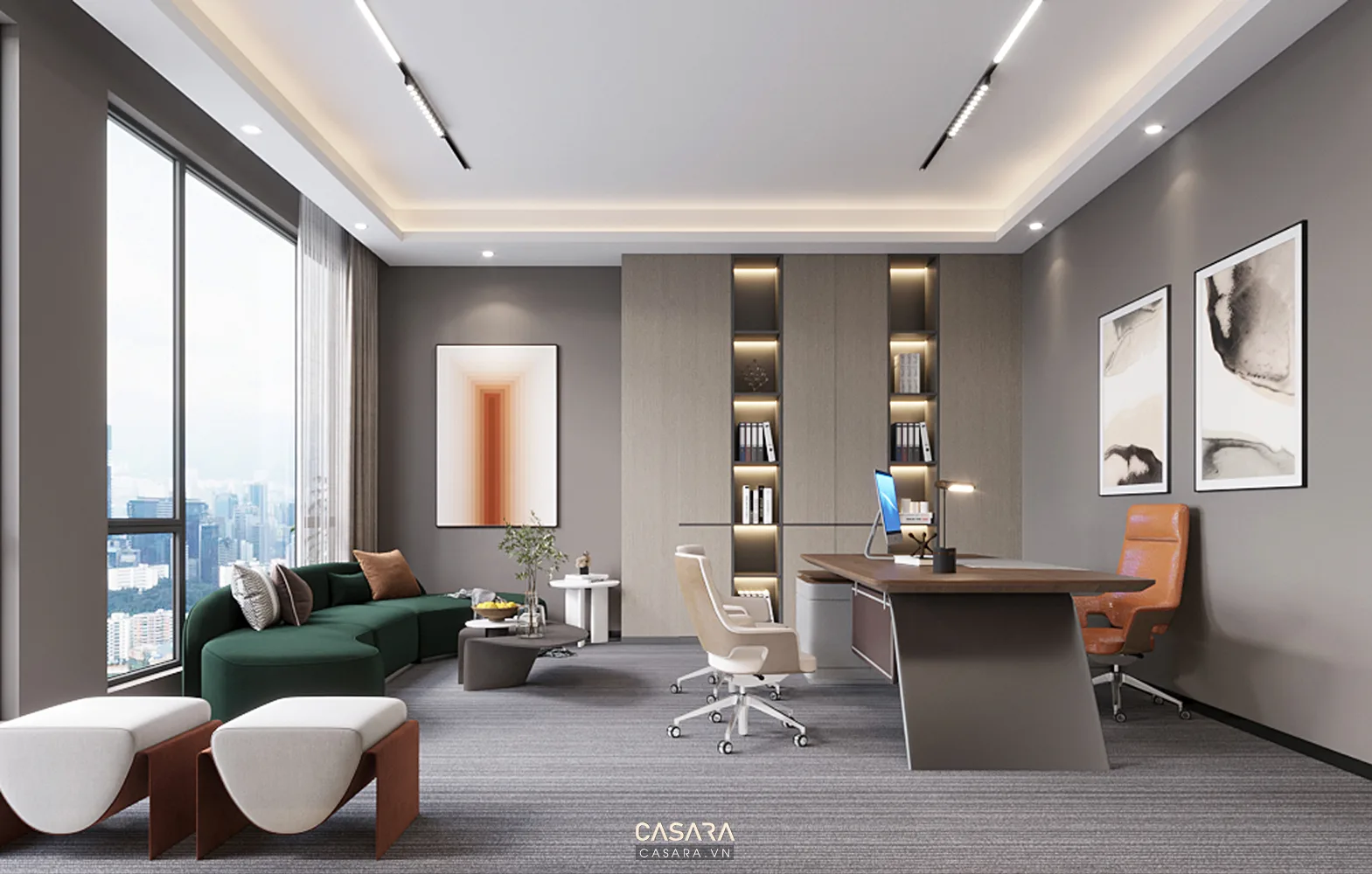 cách trang trí phòng khách rộng với sofa góc thảm lớn bàn trà đôi và đèn trang trí