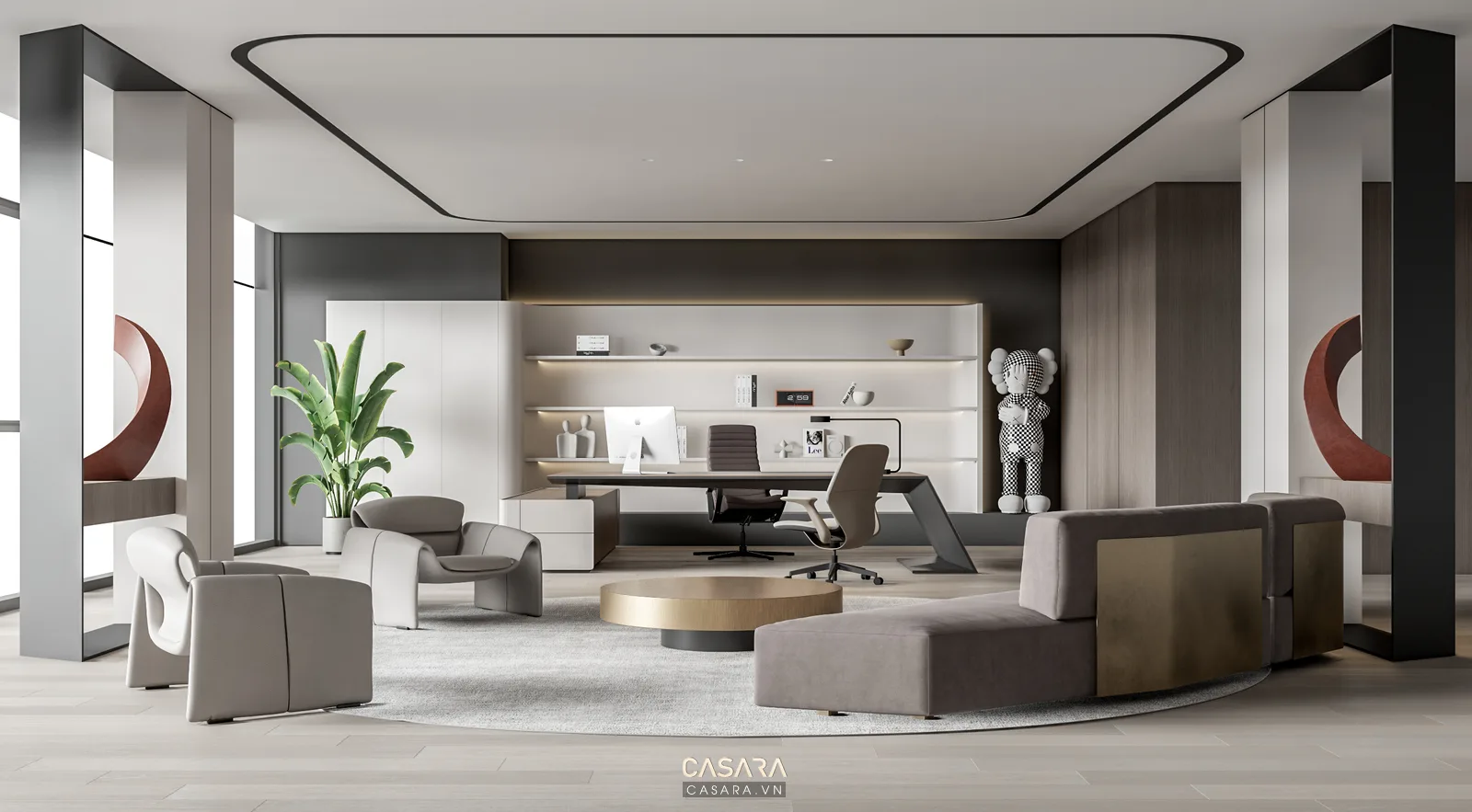 Phòng làm việc hiện đại kết hợp khu tiếp khách với sofa, bàn trà và hệ kệ âm tường