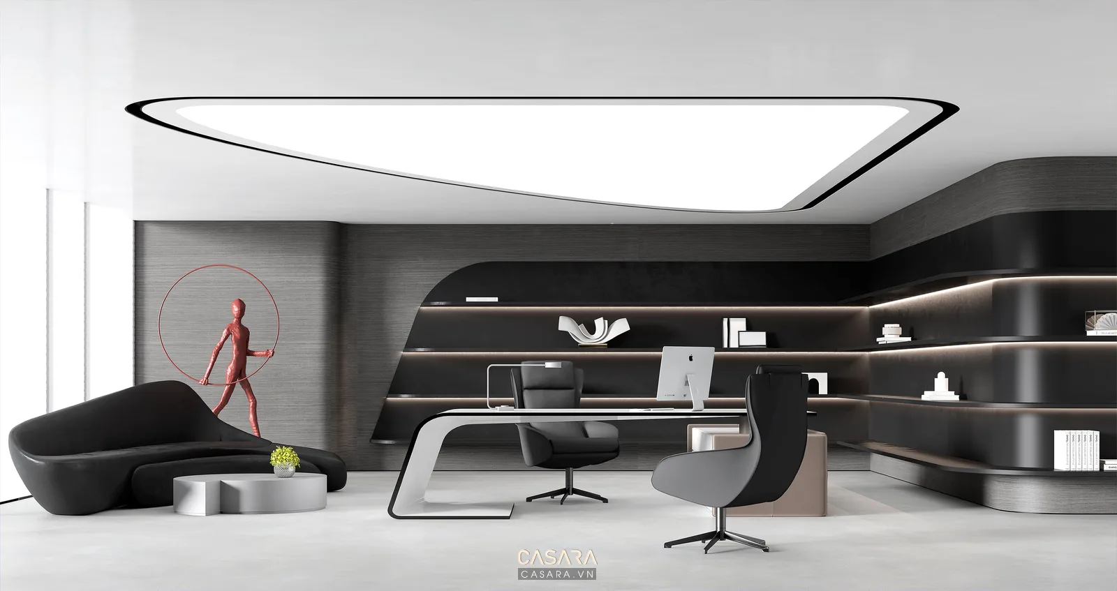 Phòng làm việc hiện đại với bàn làm việc, kệ âm tường và sofa cong màu đen