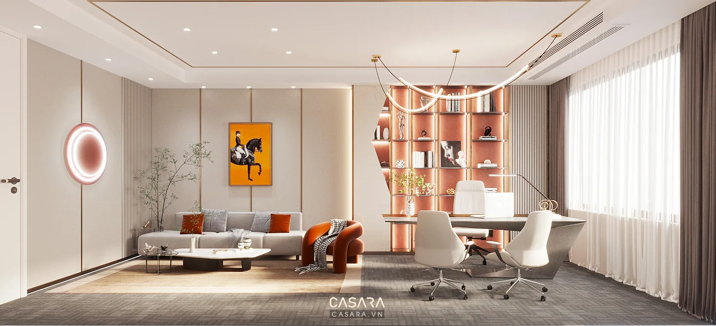 Phòng khách sáng rộng kết hợp bàn làm việc, sofa và kệ trang trí âm tường