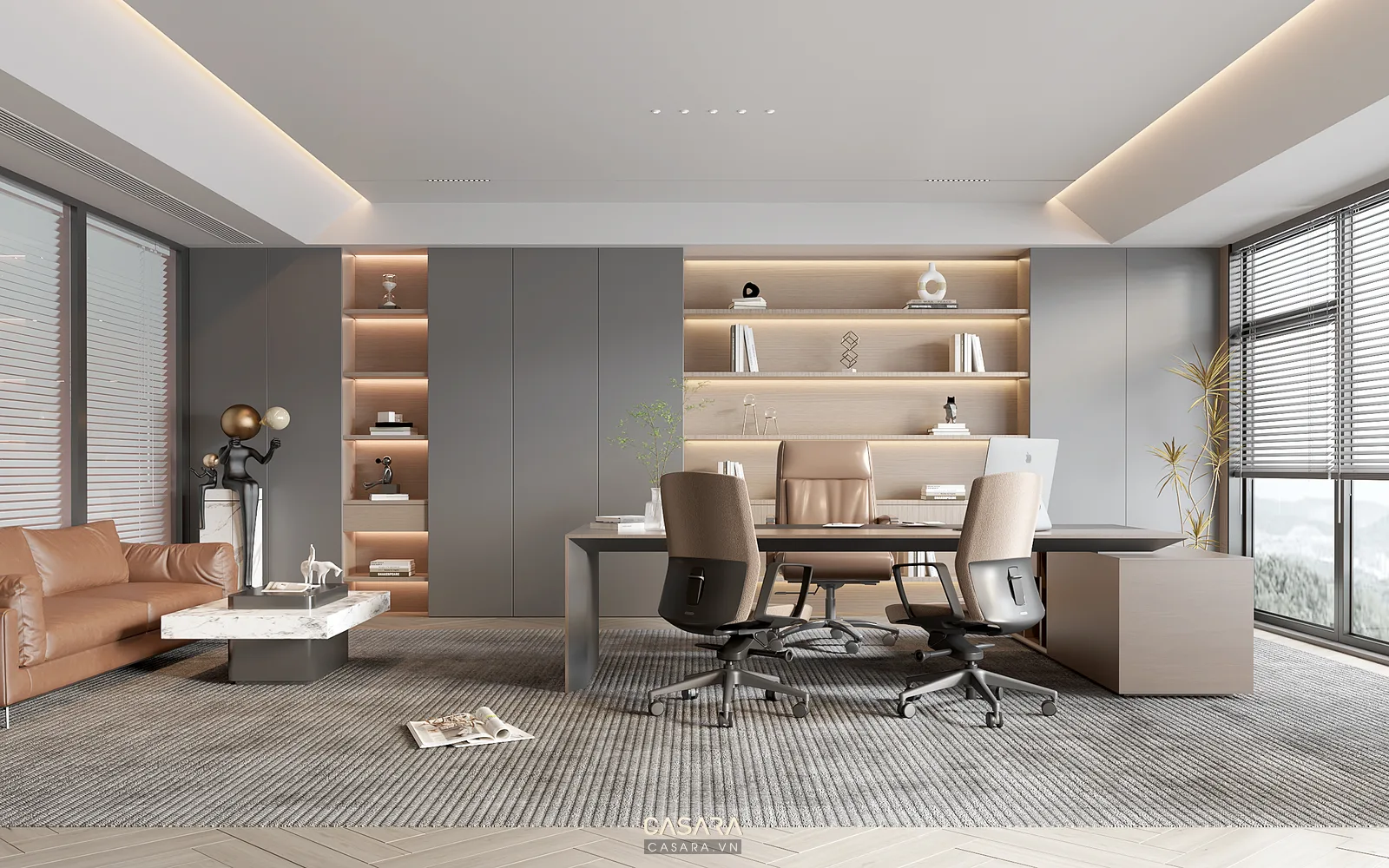 Phòng làm việc hiện đại có bàn lớn, ghế xoay, sofa da và hệ tủ kệ âm tường có đèn hắt