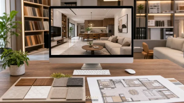 Máy tính hiển thị phối cảnh AI thiết kế chung cư với phòng khách bếp mở và bảng vật liệu nội thất