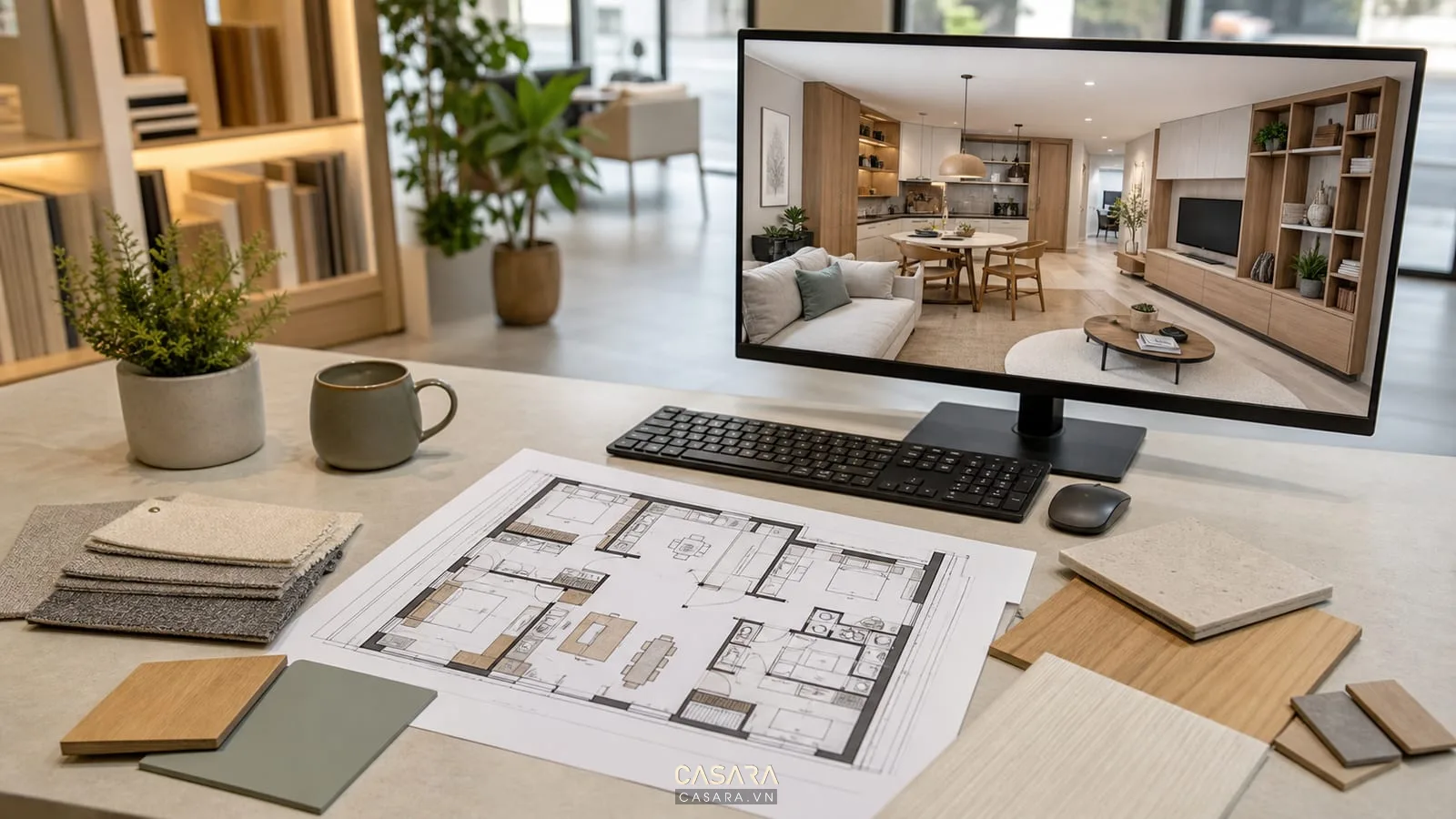 Mặt bằng chung cư 57m2 và 80m2 cạnh máy tính hiển thị phối cảnh AI thiết kế nội thất