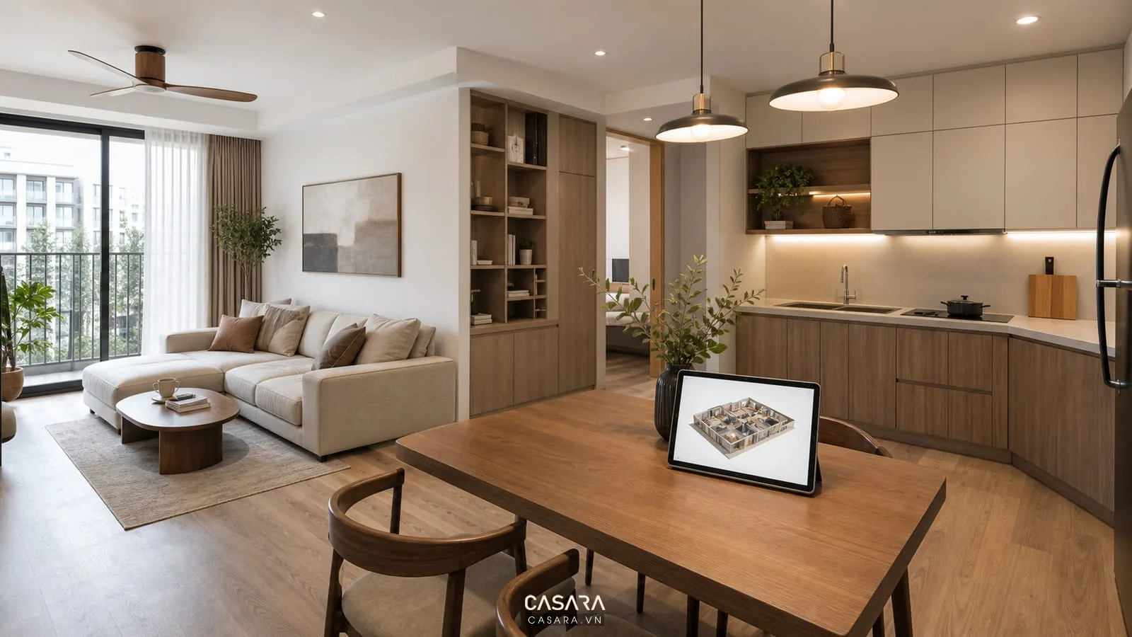 Phòng khách bếp chung cư hiện đại với sofa, bàn ăn, tủ bếp chữ L và phối cảnh AI trên máy tính bảng