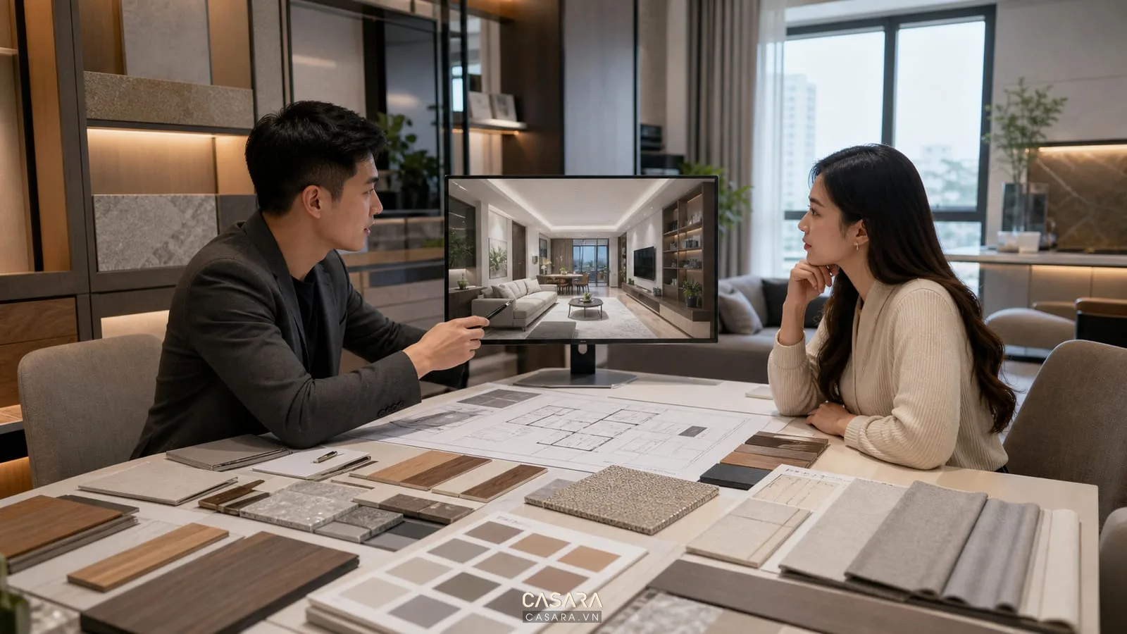 Bàn tư vấn nội thất chung cư với phối cảnh AI trên máy tính, bản vẽ mặt bằng và mẫu vật liệu
