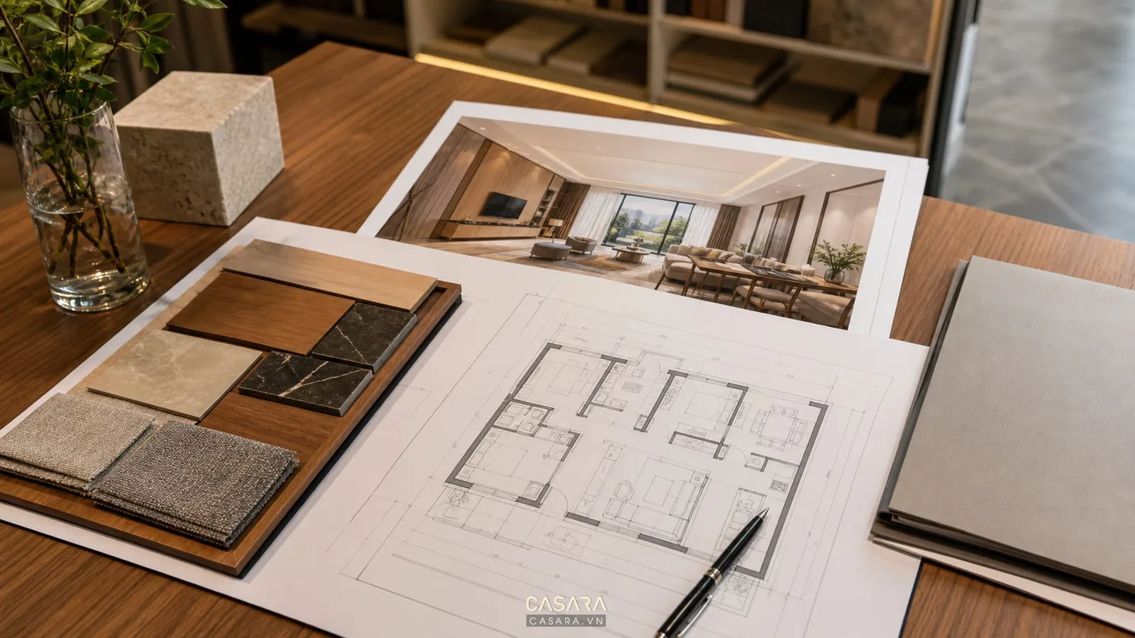 Bản vẽ thiết kế chung cư cùng mẫu vật liệu và phối cảnh nội thất căn hộ