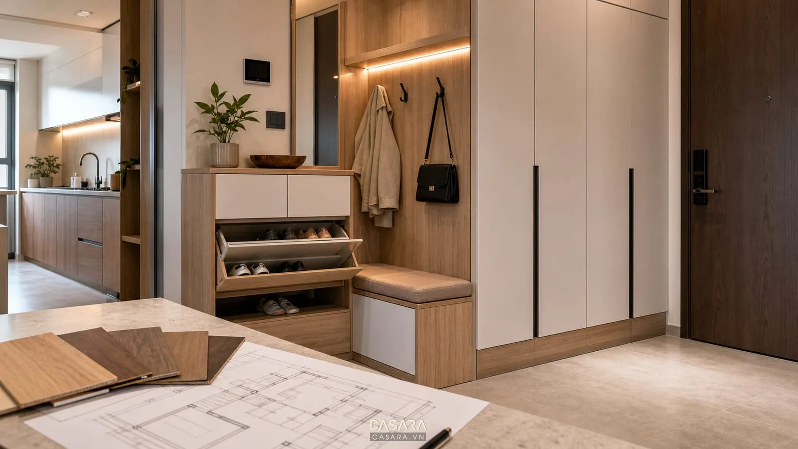 Bản vẽ thiết kế chung cư với hệ tủ lối vào và tủ áo kịch trần