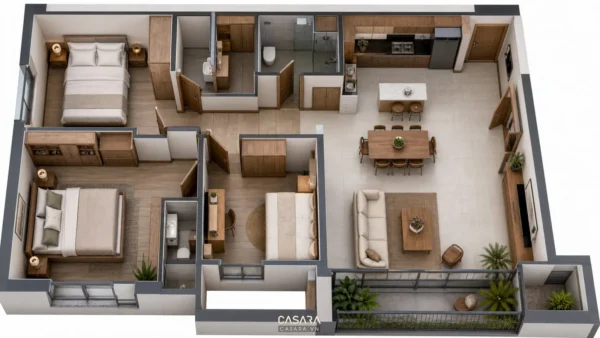Mặt bằng 3D căn hộ 80m2 gồm phòng khách, bếp ăn, ba phòng ngủ và ban công