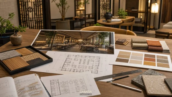 Bản thiết kế nhà hàng hiện đại với mặt bằng, phối cảnh khu bàn ăn, mẫu gỗ đá vải và bảng màu vật liệu