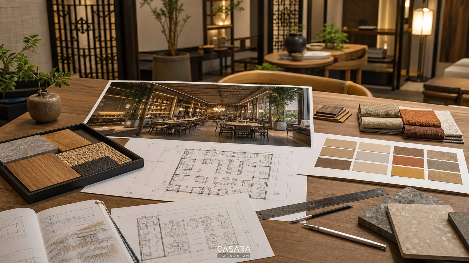 Bản thiết kế nhà hàng hiện đại với mặt bằng, phối cảnh khu bàn ăn, mẫu gỗ đá vải và bảng màu vật liệu